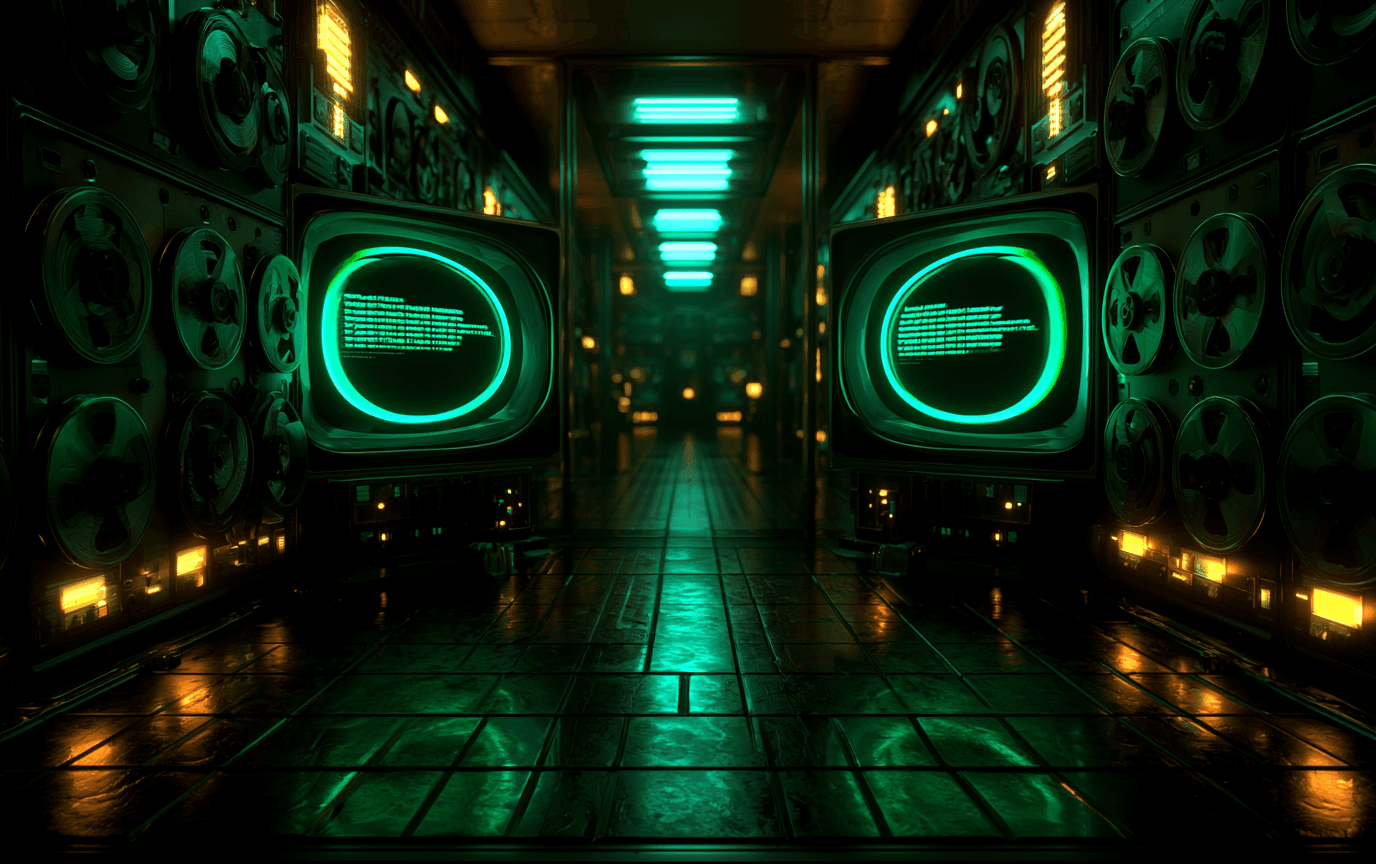 A 1970s mainframe control room at night, banks of reel-to-reel tape drives, low light, no people.