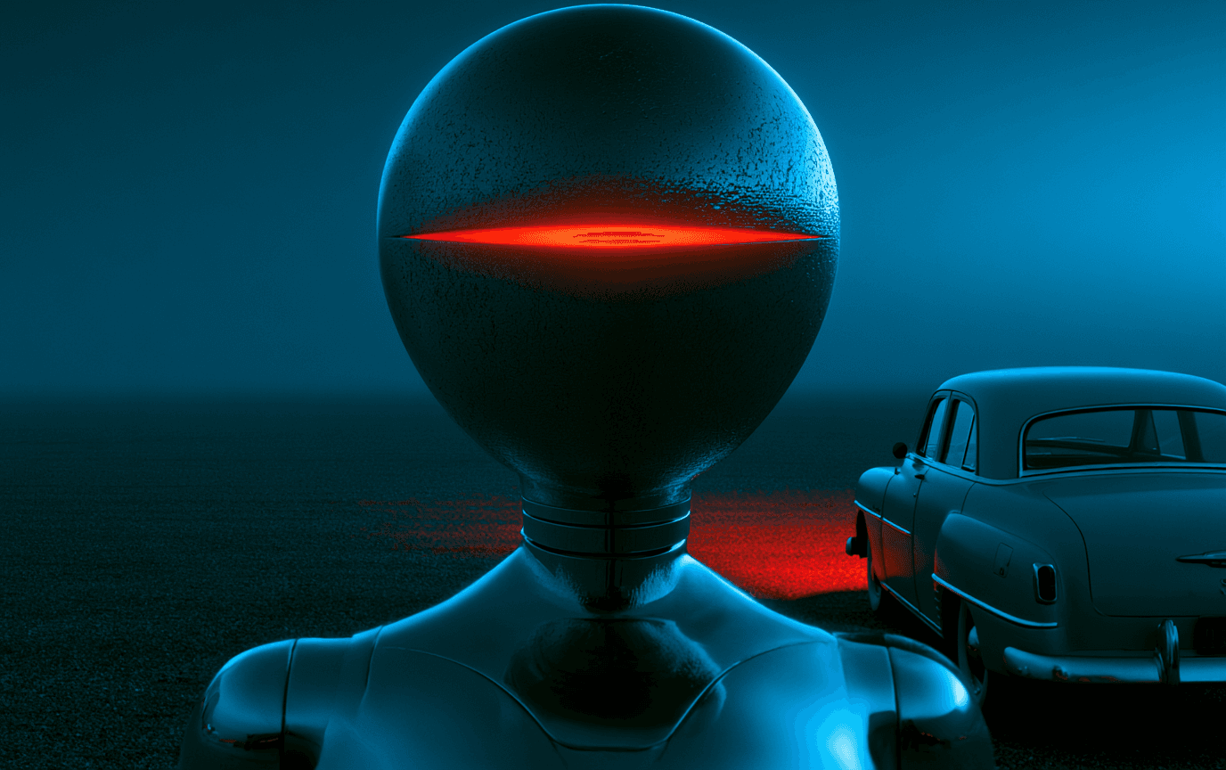 An eight-foot featureless chrome humanoid standing motionless — the operator.
